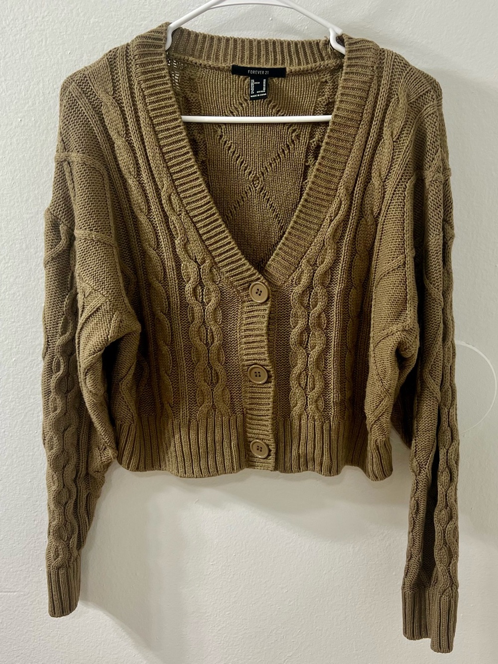 Forever 21 Brown Cable Knit Button Cropped Cardigan